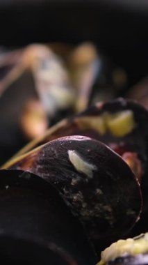 Sıcak tavada haşlanmış midye ve sos. Midyeler sarımsak tabağı