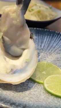 Peynirli, limonlu ve tabakta otlarla pişirilmiş istiridye. Sunum menüsü deniz ürünleri restoranı. Akdeniz mutfağı. Deniz ürünleri kompozisyon üst görünümü sunuyor. Sağlıklı beslenme 