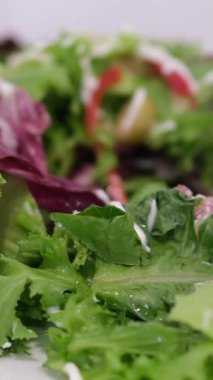 Bu canlı videoyla bir insanın taze yeşil salatadan zevk aldığını gösteren sağlıklı alışkanlıklar geliştir. Temiz yemek, mide sağlığı ve dikkatli beslenmeyi teşvik etmek için idealdir..