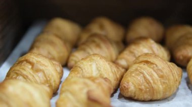 Lezzetli, yeni pişmiş kruvasan. Altından, pullu, yumuşak ve tereyağlı katmanları var. Kahvaltı için mükemmel, pastacılar ve gurme pastane temaları. - Evet. Yüksek kalite 4k görüntü