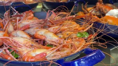 Karidesli geleneksel İspanyol deniz ürünleri Paella tabağı, St Jacques deniz tarağı ve Cigala Norveç ıstakozları Nephrops norvegicus, deniz ürünleri ile pilav, Marbella İspanya, 4K shot. Yüksek kalite 