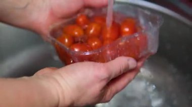 Akan suyun altında kiraz domateslerini yıkamak, tazeliği ve temizliği garanti altına almak. Yüksek kalite 4k görüntü
