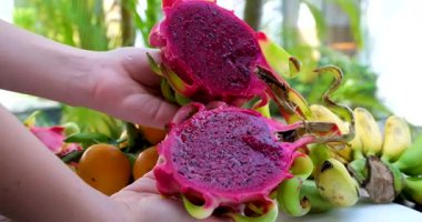 Ejderha Meyvesi Kesen Kadın, Tatlı İçin Pitaya. - Kapat. Yüksek kaliteli FullHD görüntüler