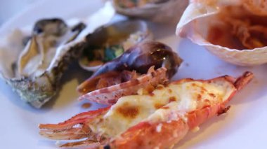 Deniz ürünleri ızgara kalamar, karides, kabuklu deniz hayvanı, balık eti. Yüksek kalite 4k görüntü