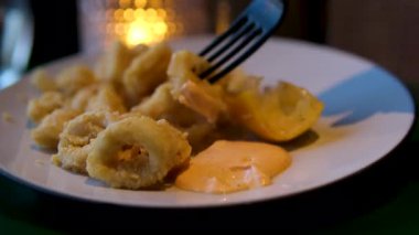 Lezzetli bir tabak dolusu kızarmış hamur köftesi ve yanında da nefis baharatlı sos. Yüksek kalite 4k görüntü