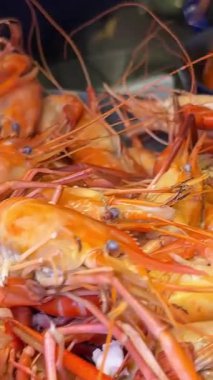 Pişmiş karidesin sıcak tavadan tabağa döküldüğü yakın plan. Lezzetli, lezzetli deniz ürünleri sunulmaya hazır lezzetli bir yemeğin dokusunu ve canlı renklerini yakalıyor. - Evet. Yüksek kalite 4k görüntü