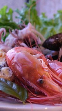 Karides, kabuklu deniz hayvanı, yengeç, deniz ürünleri tabağı, taze karides, limon dilimleri üzerine balık sosu dök. Bir gurme yemeği deneyimi için beyaz bir tabakta sunulur..