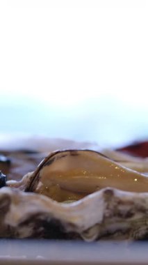 Taze bir istiridyeyi çatalla çıkarmak için. Yüksek kalite 4k görüntü