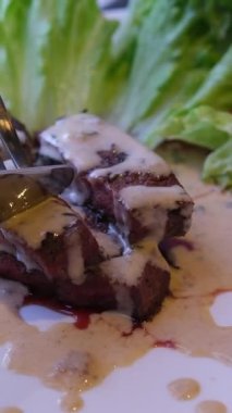 Biftek sosu. Kızarmış biftek, yeşillik, domates, salatalık dilimlerinden oluşan ılık salata. Yüksek kalite 4k görüntü
