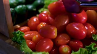 Bir domates grubunun animasyonu. Birçok domates uzayda arka planda yavaşça döner. Yatay bileşim. Defoktus. Yakın plan. Yüksek kalite 4k görüntü