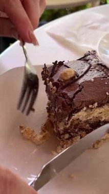 Hindistan cevizi gevrekli ve koyu beton kaplamalı bir parça çikolatalı kek. Yüksek kalite 4k görüntü