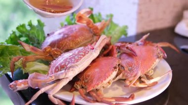 Izgara ton balığı bifteği ve bir tabakta yengeç ve bir restoranda mango ve marullu salata. Yüksek kalite 4k görüntü