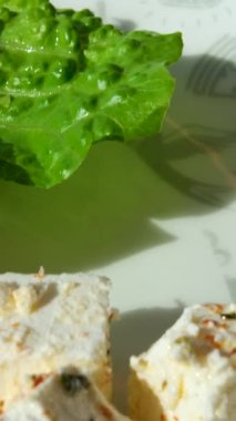 Geleneksel Yunan salatası yiyorum. Peynirli taze sebze salatası. Yüksek kalite 4k görüntü