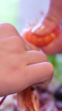 Deniz mahsulleri pişiriyorum. Genç bir kadının elleri mutfakta taze karides soyarken yakından görülüyor. - Evet. Yüksek kalite 4k görüntü