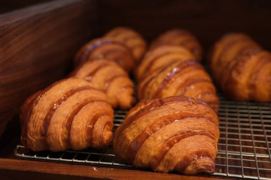 Çikolata ve fındık parçacıklarıyla süslenmiş altın, pullu kruvasanların yakın plan görüntüsü, dekoratif bir tabakta. Kahvaltı, yemek stili ve hoşgörülü ikramlar için ideal. Yüksek kalite