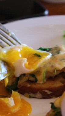 Kahvaltıda haşlanmış yumurta, avokado ve taze salata. Yüksek kalite 4k görüntü