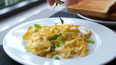 Çırpılmış yumurta tabakta çırpılmış yumurta gibi dramatik sabah ışıklarını süslüyor. Oyun gölgeleri ve gölgeler görsel dokular ve tatlar yaratır. Yüksek kalite 4K görüntü. Yüksek kalite