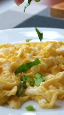 Çırpılmış yumurta tabakta çırpılmış yumurta gibi dramatik sabah ışıklarını süslüyor. Oyun gölgeleri ve gölgeler görsel dokular ve tatlar yaratır. Yüksek kalite 4K görüntü. Yüksek kalite