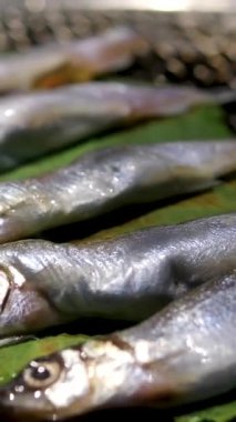 Geleneksel Tayland sokak yemeği olarak sebze otlarıyla doldurulmuş tuzlanmış balık ızgarası. Yüksek kalite 4k görüntü