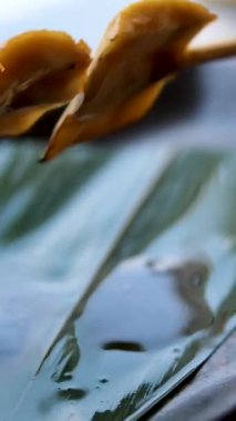 Şişler muz yapraklı ızgarada ızgara yapıyor. Yüksek kalite 4k görüntü