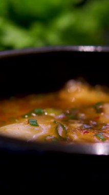 Bir el, kırmızı kaşıkla kavrulmuş tavuk, erişte ve kapalı mekandaki parlak ışıklandırmanın altında bulunan bir kase koyu erişte çorbasının yeşillerini kaldırıyor. Yüksek kalite 4k görüntü