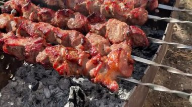 Sıcak kömürde pişen sulu, taze ızgara et şişleri. Mangal üzerinde ızgara yapan şiş kebaplar görünür dumanlı ve yağlı açık hava barbeküsü öneriyor. Biftek kebabı. 