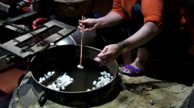 İpek böceği yumurtalarından kozalara kadar tüm ipek üretimi yumurtadan çıkmayı, dut yapraklarıyla beslenmeyi, kozanın dönüşmesini ve lüks Vietnam kumaşlarına dokumayı içerir..