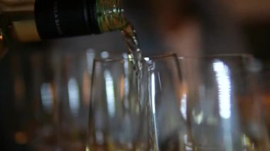 Şampanya tatma, şarap bardakları masanın üstünde, şık bir sofra kurma, şarap şişeden ve sürahide dökülüyor, köpüklü şarap köpükleri, atıştırmalıklar, insanlar aromayı kokluyor ve tadına bakıyorlar. .