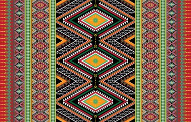 Karanlık gece yarısı donanmasının arka planında geometrik etnik desenli doğu tasarımı. Duvar kâğıdı el işi, halı, giysi, kumaş tasarımı için pembe, beyaz, sarı, yeşil renkli geleneksel geometri.