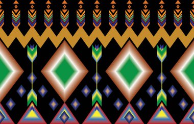 Karanlık gece yarısı donanmasının arka planında geometrik etnik desenli doğu tasarımı. Duvar kâğıdı el işi, halı, giysi, kumaş tasarımı için pembe, beyaz, sarı, yeşil renkli geleneksel geometri.