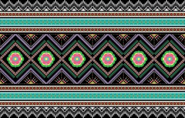 Karanlık gece yarısı donanmasının arka planında geometrik etnik desenli doğu tasarımı. Duvar kâğıdı el işi, halı, giysi, kumaş tasarımı için pembe, beyaz, sarı, yeşil renkli geleneksel geometri.