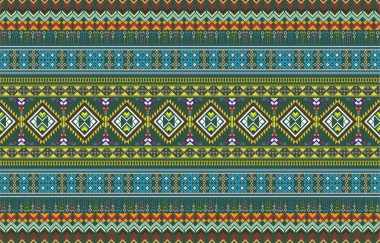 Karanlık gece yarısı donanmasının arka planında geometrik etnik desenli doğu tasarımı. Duvar kâğıdı el işi, halı, giysi, kumaş tasarımı için pembe, beyaz, sarı, yeşil renkli geleneksel geometri.