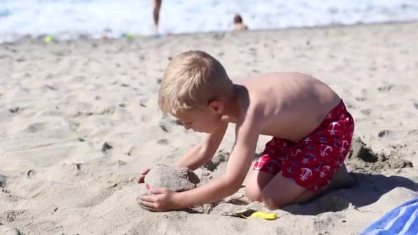 Маленький Хлопчик Грає Піску Пляжі — стокове відео