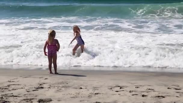 Девушки Играют Волнах Убегают Входят — стоковое видео