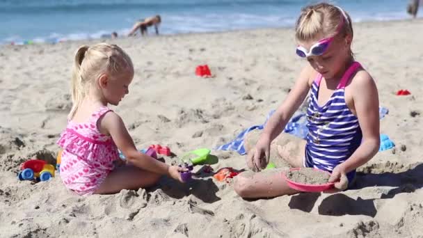 Two Little Girls Playing Sand — Stock Video