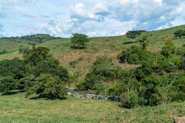 Tamesis 'teki panoramik manzara. Mavi gökyüzü ve ufukta dağ var. Kolombiya. 