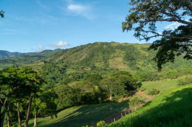 Tamesis 'teki panoramik manzara. Mavi gökyüzü ve ufukta dağ var. Kolombiya. 