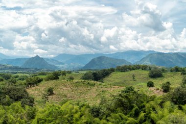 Tamesis 'teki panoramik manzara. Mavi gökyüzü ve ufukta dağ var. Kolombiya. 