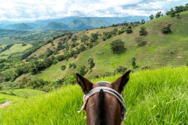 Tamesis 'teki panoramik manzara. Mavi gökyüzü ve ufukta dağ var. Kolombiya. 