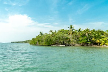 Deniz manzaralı ve mavi gökyüzü olan doğal manzara. Kolombiya.