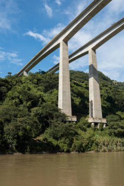 Antioquia 'nın güneybatısında mavi gökyüzü ve ağaçlarla dolu bir köprü.. 