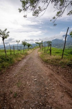 Bulutlu gökyüzü ve dağları olan güzel bir yol manzarası. Tamesis, Antioquia, Kolombiya.