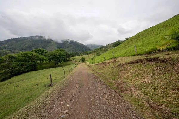 Bulutlu gökyüzü ve dağları olan güzel bir yol manzarası. Tamesis, Antioquia, Kolombiya. 