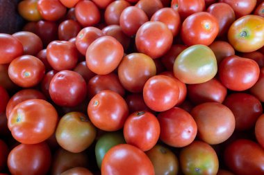Piyasada yeşil ve kırmızı domates yığını.