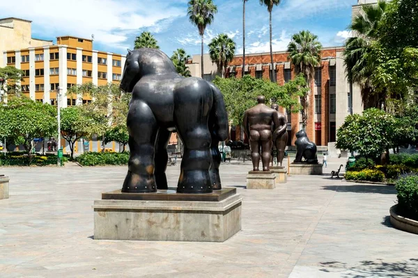 stock image Medellin, Antioquia, Colombia. July 19, 2020: Museum of Antioquia and sculptures of Plaza Botero. 