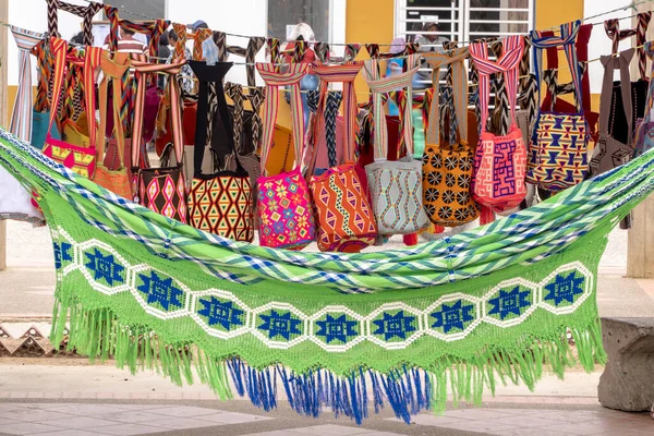 stock image Uribia, Guajira, Colombia. March 4, 2019: Handmade bags by indigenous wayuu. 