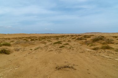 Cabo de la Vela sahilinde sahil. Gökyüzü ve tepe. Guajira, Kolombiya. 