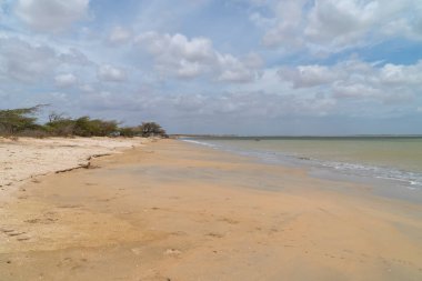Cabo de la Vela plajı ve denizde bir tekne. Guajira, Kolombiya. 