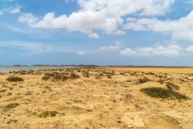 Güneşli bir günde panoramik manzara, Cabo de la Vela plajı. Guajira, Kolombiya