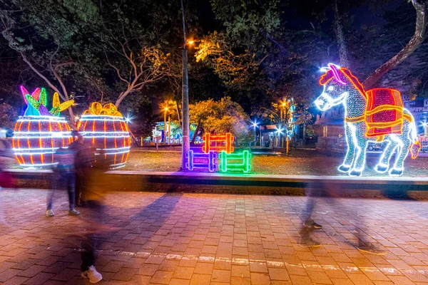 stock image Christmas lights with figures for family celebration. Medellin, Antiquia, Colombia.